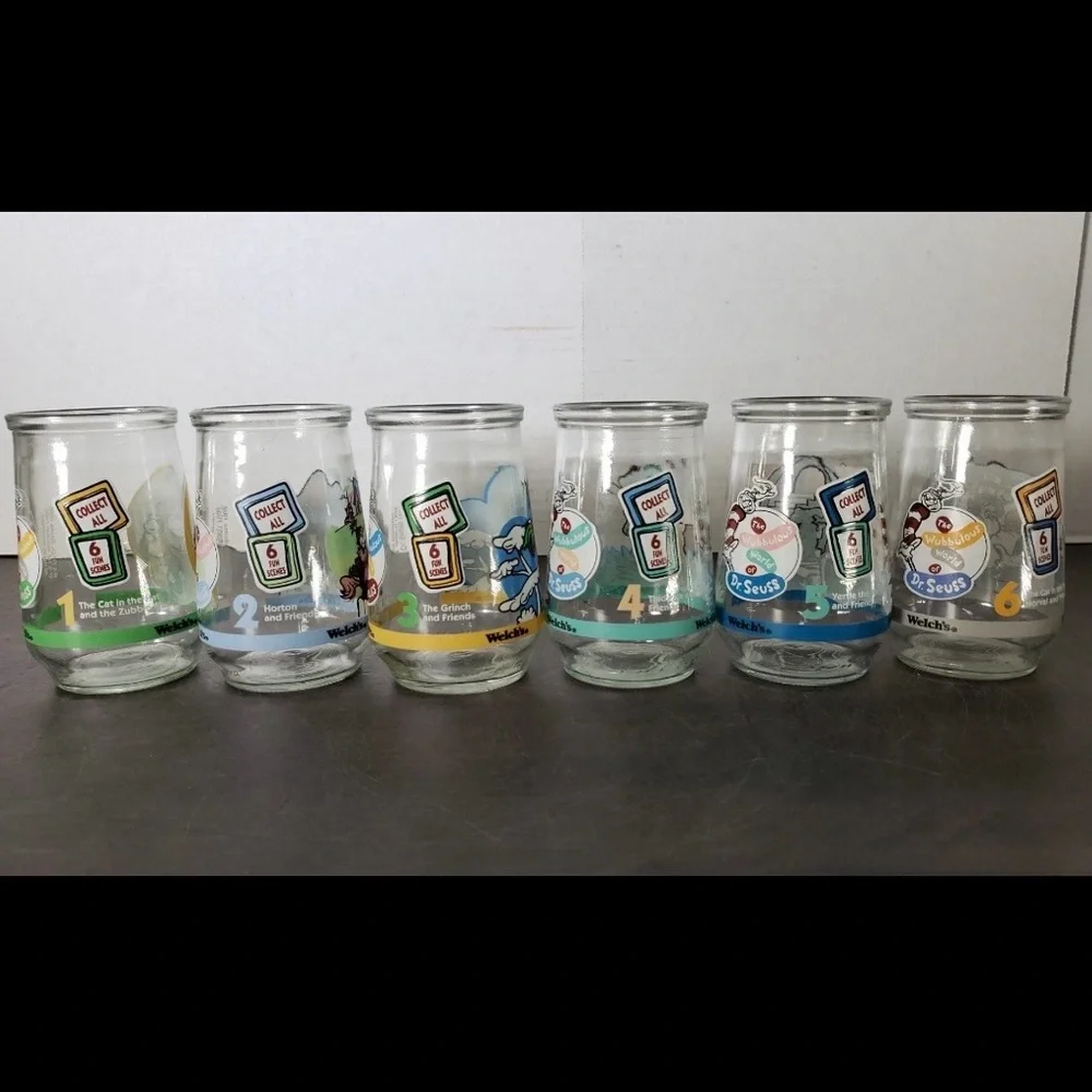 Set of 6 Vintage 1996 Welch’s Dr Suess Jelly Jar Glasses